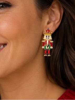 Nutcracker Christmas Earrings Red Green Gold Holiday Statement Jewelry